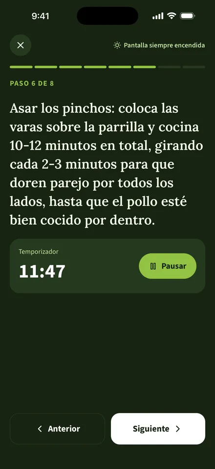 Modo cocina con temporizador en la app Chef Goya