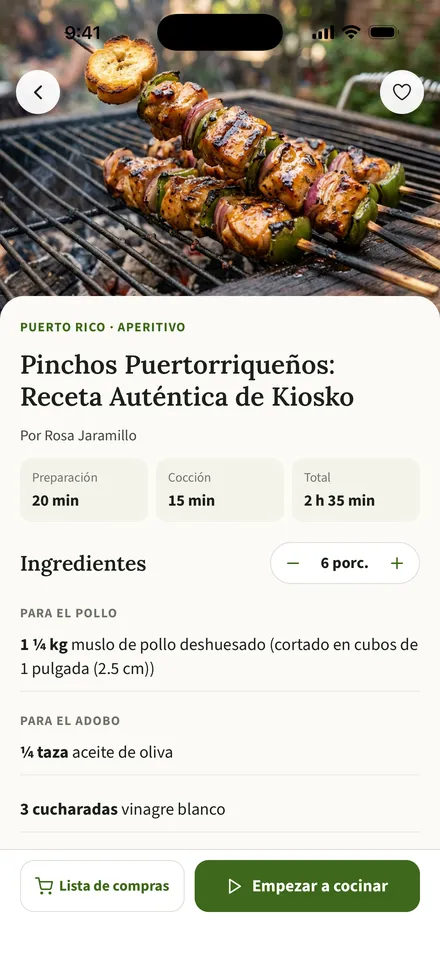 Pantalla de una receta en la app Chef Goya